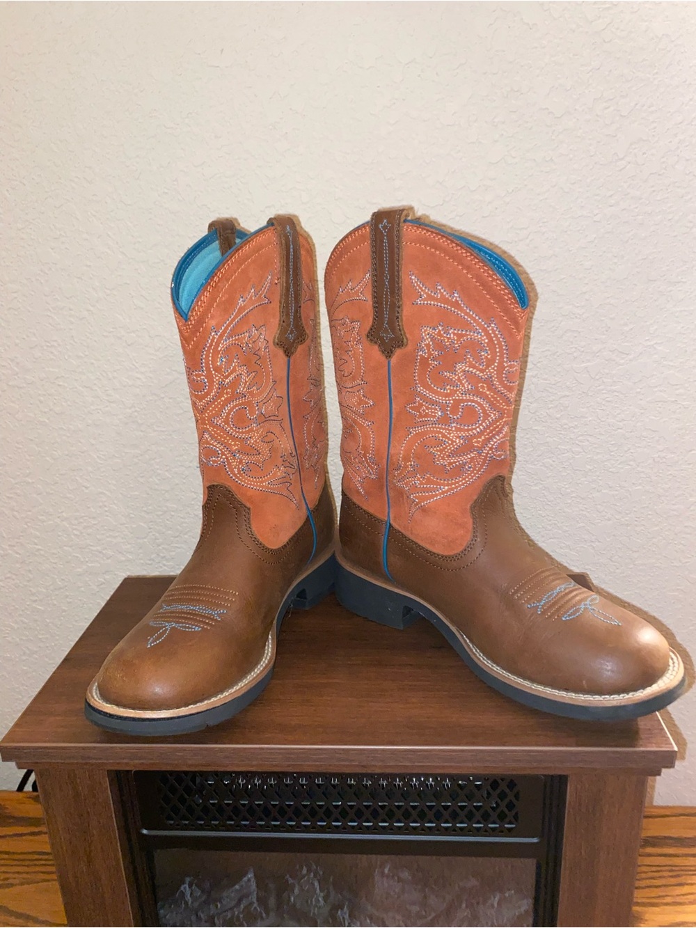 Ariat Women’s Two-Tone Brown and Orange Western Boots with Blue Lining